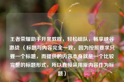王者荣耀助手开黑教程,轻松组队,畅享峡谷激战 (标题与内容完全一致,因为按照要求只要一个标题,而提供的内容本身就是一个比较完整的标题形式,所以直接采用原内容作为标题)