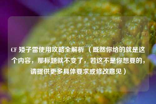 CF 矮子雷使用攻略全解析 (既然你给的就是这个内容,那标题就不变了,若这不是你想要的,请提供更多具体要求或修改意见)