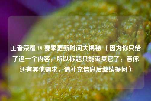 王者荣耀 19 赛季更新时间大揭秘 （因为你只给了这一个内容，所以标题只能重复它了，若你还有其他需求，请补充信息后继续提问）