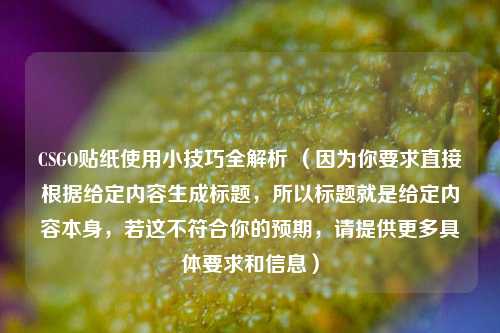 CSGO贴纸使用小技巧全解析 （因为你要求直接根据给定内容生成标题，所以标题就是给定内容本身，若这不符合你的预期，请提供更多具体要求和信息）