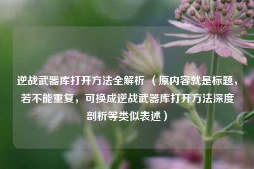 逆战武器库打开方法全解析 （原内容就是标题，若不能重复，可换成逆战武器库打开方法深度剖析等类似表述）
