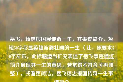 岳飞，精忠报国展传奇一生，其事迹简介，短短50字尽显英雄波澜壮阔的一生 （注，原要求50字左右，此标题适当扩充表述了岳飞事迹通过简介展现其一生的意思，若觉得不符合可再调整），或者更简洁，岳飞精忠报国传奇一生事迹简介