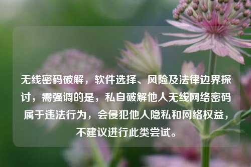 无线密码破解，软件选择、风险及法律边界探讨，需强调的是，私自破解他人无线网络密码属于违法行为，会侵犯他人隐私和网络权益，不建议进行此类尝试。