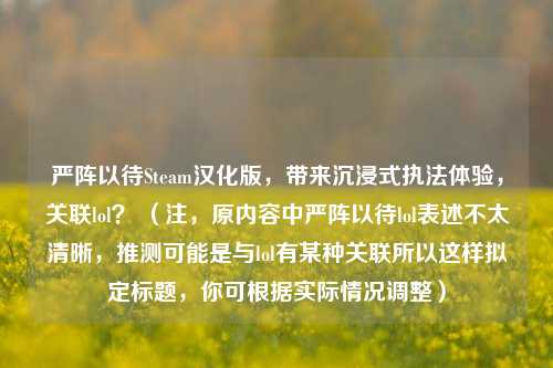 严阵以待Steam汉化版，带来沉浸式执法体验，关联lol？ （注，原内容中严阵以待lol表述不太清晰，推测可能是与lol有某种关联所以这样拟定标题，你可根据实际情况调整）