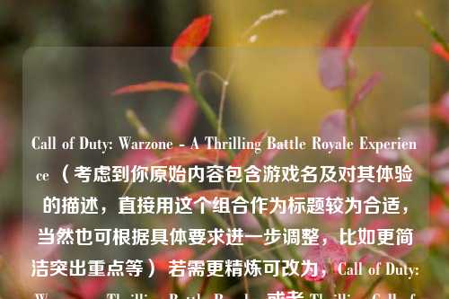 Call of Duty: Warzone - A Thrilling Battle Royale Experience （考虑到你原始内容包含游戏名及对其体验的描述，直接用这个组合作为标题较为合适，当然也可根据具体要求进一步调整，比如更简洁突出重点等） 若需更精炼可改为，Call of Duty: Warzone - Thrilling Battle Royale  或者 Thrilling Call of Duty: Warzone Battle Royale  你看看哪个符合你的预期，或者