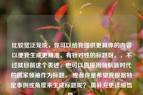 比较宽泛笼统，你可以给我提供更具体的内容以便我生成更精准、有针对性的标题呀。，不过就目前这个表述，也可以直接用领航新时代的国家领袖作为标题。 或者你是希望我根据特定事例或角度来生成标题呢？ 请补充更详细信息。